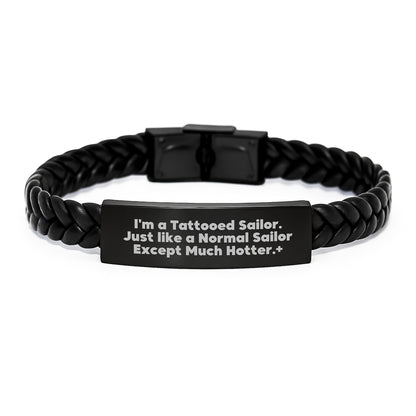 Tattooed Sailor Gifts for Men - Christmas Unique Leather Bracelet for Him, Funny Quote Interlaced Leather Bracelet, Engraved Stainless Steel - Image 1