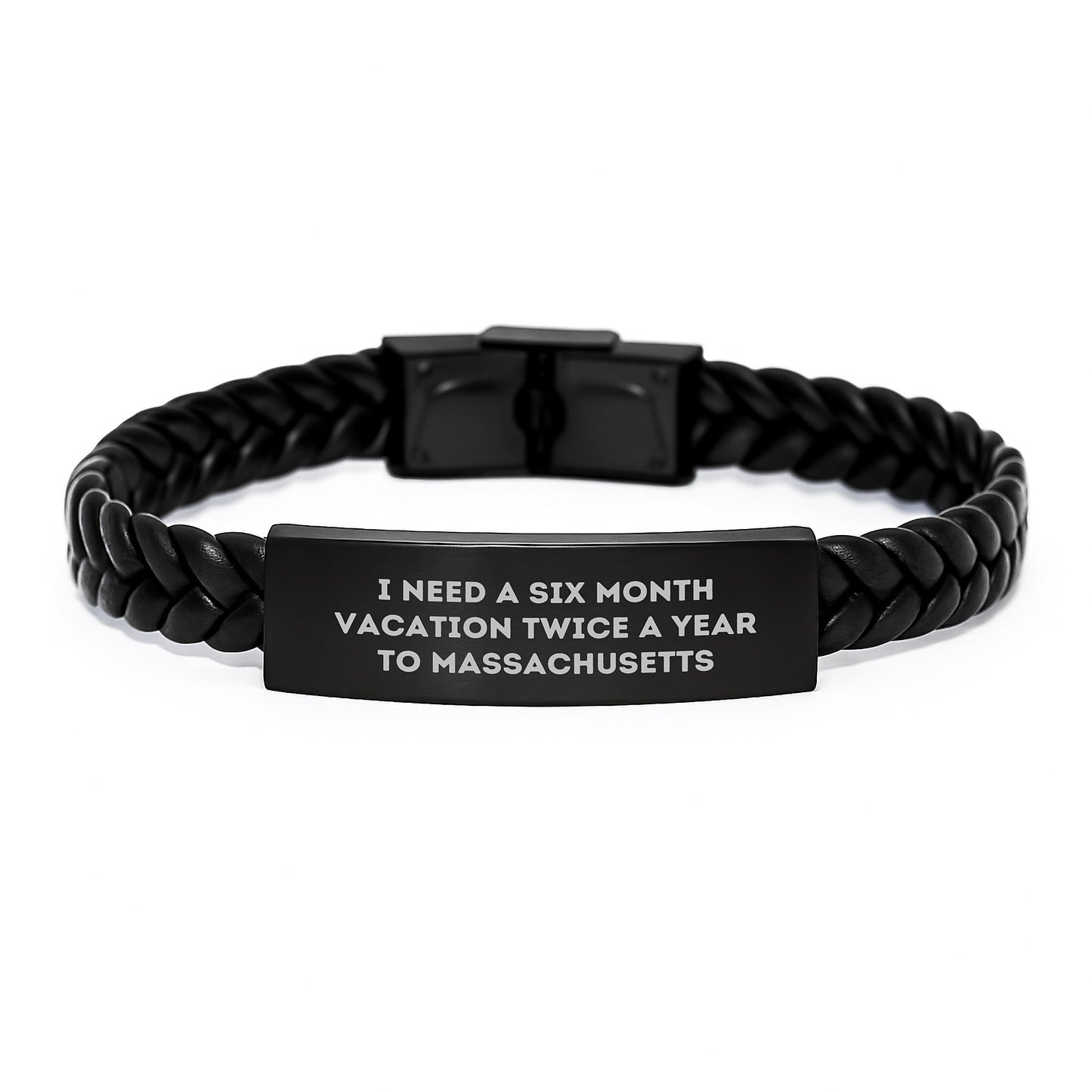 Unique Gifts from Massachusetts to Men for Christmas - Interlaced Leather Bracelet for Massachusetts Enthusiasts - Image 1