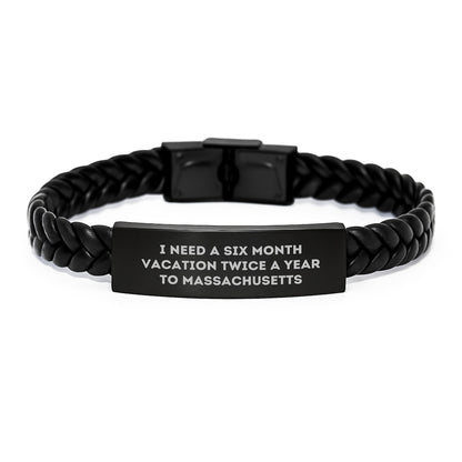 Unique Gifts from Massachusetts to Men for Christmas - Interlaced Leather Bracelet for Massachusetts Enthusiasts - Image 1