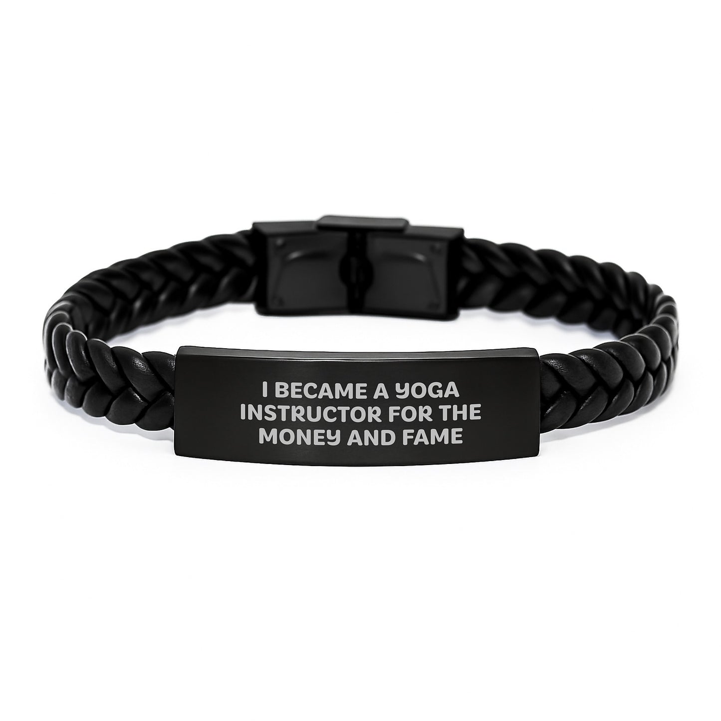Funny Yoga Instructor Gifts for Men, Women, Friends, Colleagues - 'I Became A Yoga Instructor For The Money And Fame' Interlaced Leather Bracelet, Christmas Unique Present - Image 1