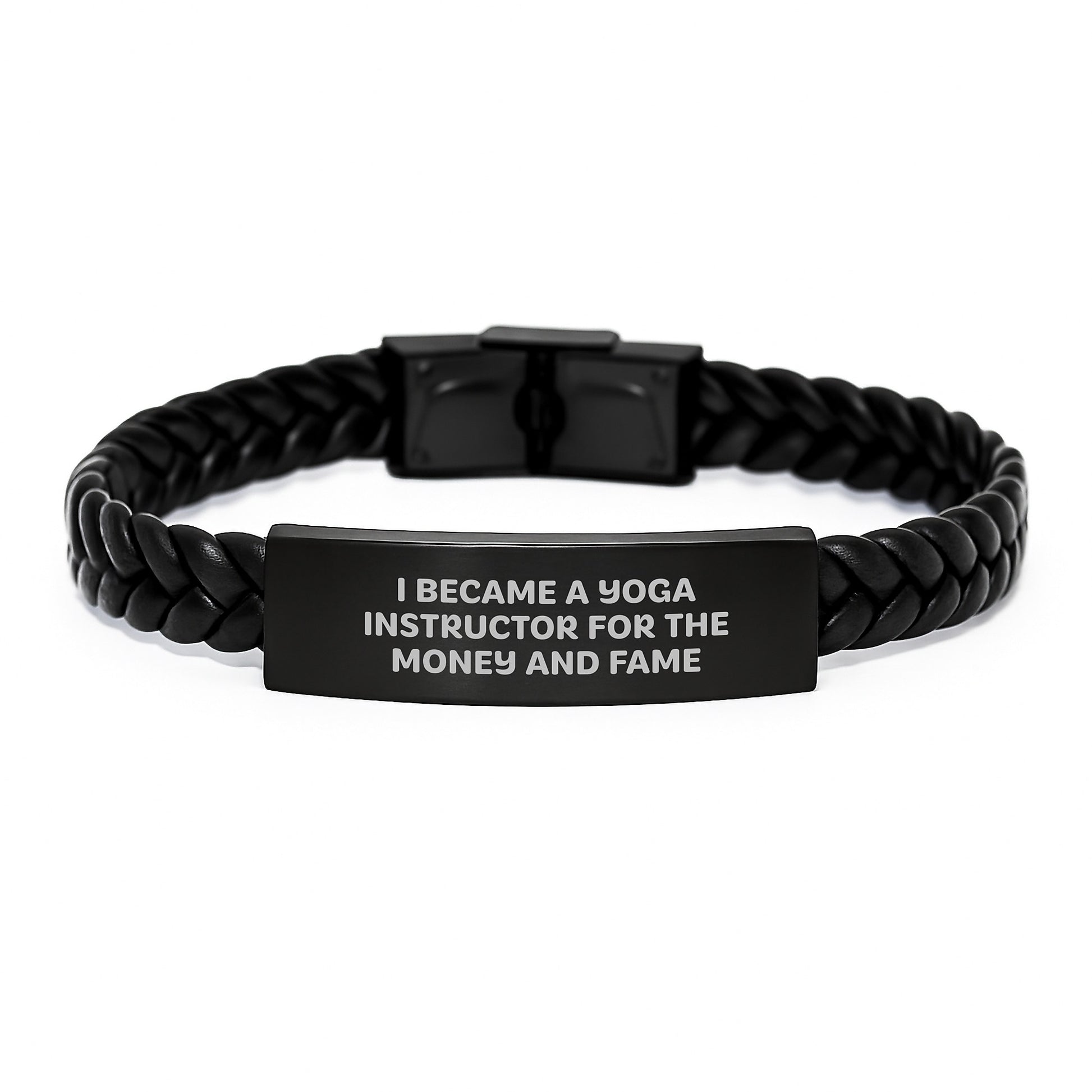Funny Yoga Instructor Gifts for Men, Women, Friends, Colleagues - 'I Became A Yoga Instructor For The Money And Fame' Interlaced Leather Bracelet, Christmas Unique Present - Image 1