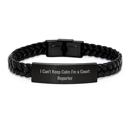 Funny Court Reporter Gifts from Men, Women, Friends, Family - I Can't Keep Calm I'm A Court Reporter Interlaced Leather Bracelet, Court Reporter Unique Christmas Unique Gifts - Image 1