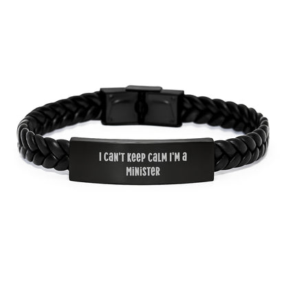 Funny Minister Gifts for Men - I Can't Keep Calm I'm A Minister Interlaced Leather Bracelet, Stainless Steel and PU Leather - Image 1
