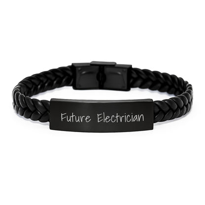 Funny Inspirational Gifts for Electrician, Men's Interlaced Leather Bracelet, Christmas Unique Gifts from Friends, Future Electrician Quote, Electrician Engraved Stainless Steel - Image 1