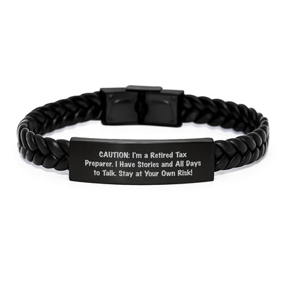 Funny Tax Preparer Gifts - Stay at Your Own Risk Interlaced Leather Bracelet for Men, Unique Christmas Memorable Presents for Friends and Family - Image 1