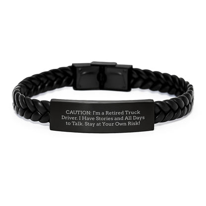 Unique Christmas Unique Gifts for Truck Driver Friends and Family, Funny Retired Driver Stories, Interlaced Leather Bracelet, Engraved Stainless Steel - Image 1