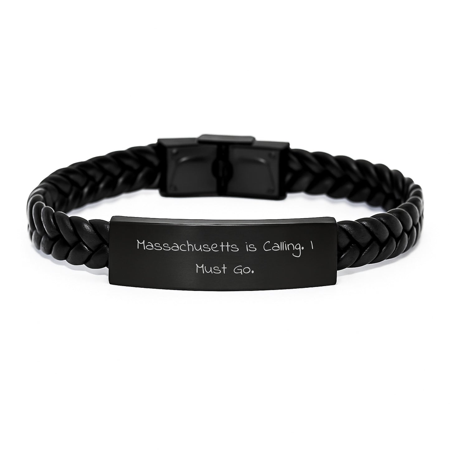 Massachusetts Gifts for Men - Interlaced Leather Bracelet with Funny Quote 'Massachusetts Is Calling, I Must Go' - Image 1