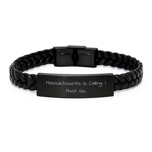 Massachusetts Gifts for Men - Interlaced Leather Bracelet with Funny Quote 'Massachusetts Is Calling, I Must Go' - Image 1