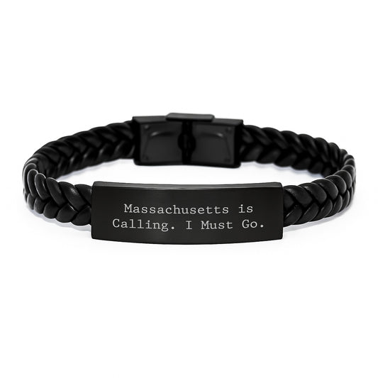 Massachusetts Unique Gifts from - Interlaced Leather Bracelet with Funny Quote 'Massachusetts Is Calling. I Must Go.' for Men Women Friends Family - Image 1