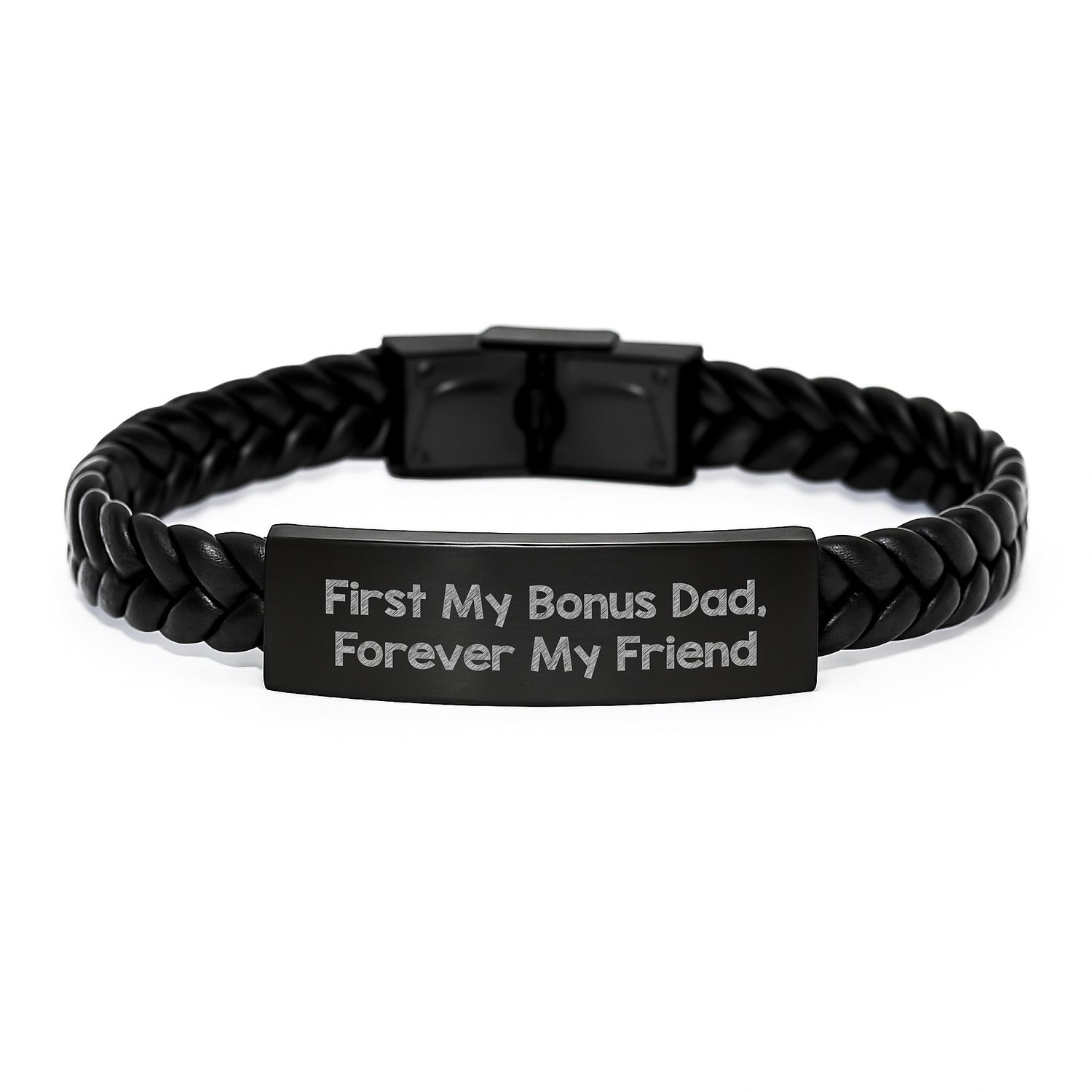 Funny Bonus Dad Christmas Unique Gifts from Men, Unique Interlaced Leather Bracelet with Quote 'First My Bonus Dad, Forever My Friend' - Image 1
