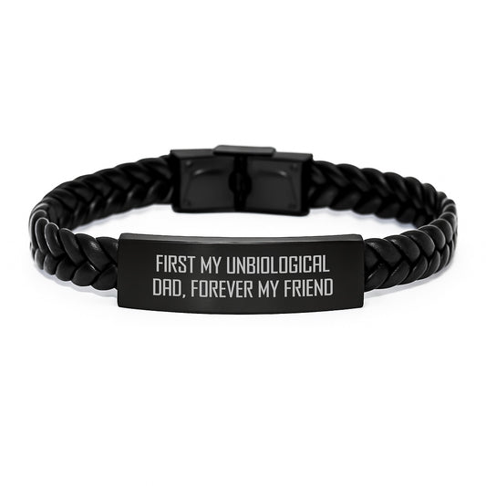 Funny Unbiological Dad Gifts from Friends for Men - Interlaced Leather Bracelet Quote 'First My Unbiological Dad, Forever My Friend' Christmas Unique Gifts - Image 1