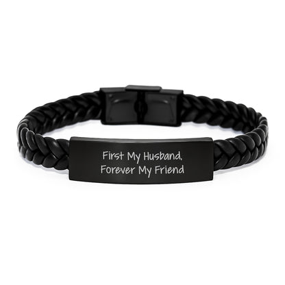 Funny Husband Gifts, Engraved Interlaced Leather Bracelet, Christmas Unique Presents for Him, 'First My Husband, Forever My Friend' - Image 1