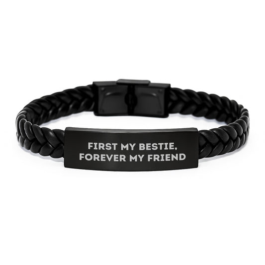 Funny Bestie Gifts from Men to Women, Interlaced Leather Bracelet with Quote 'First My Bestie, Forever My Friend' for Christmas Unique Presents - Image 1
