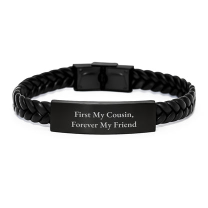 Funny Cousin Gifts, Interlaced Leather Bracelet, Inspirational Quote 'First My Cousin, Forever My Friend', Christmas Unique Gifts from Family to Cousin - Image 1