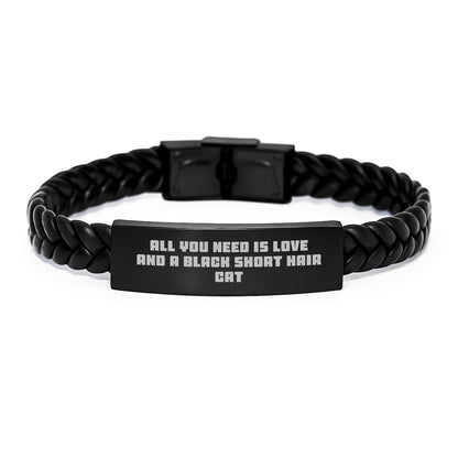Funny Black Short Hair Cat Gifts from Friends for Birthday - Interlaced Leather Bracelet with Quote 'All You Need Is Love And A Black Short Hair Cat' for Men, Women, and Family - Image 1