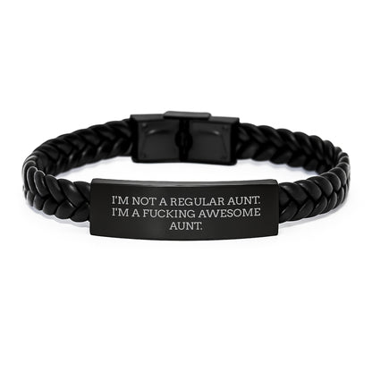 Funny Aunt Gifts from Men, Women, or Coworkers - I'm Not A Regular Aunt. I'm A F--king Awesome Aunt. Interlaced Leather Bracelet for Aunt, Christmas Unique Gifts - Image 1