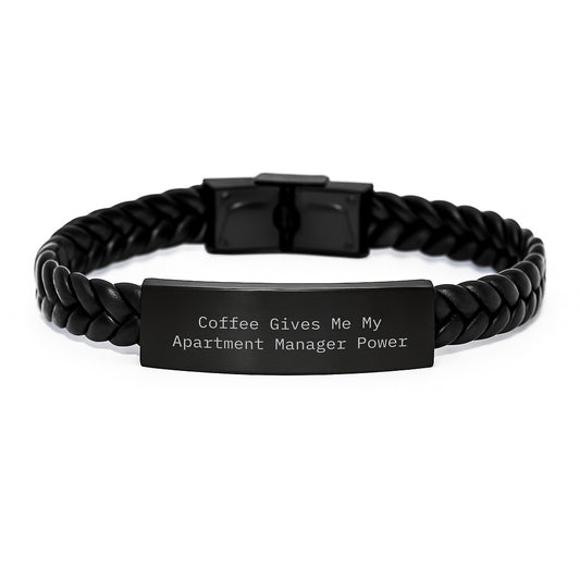 Funny Apartment Manager Gifts for Her or Him - 'Coffee Gives Me My Apartment Manager Power' Interlaced Leather Bracelet from Friends, Coworkers, Family, Gifts for Apartment Manager Birthday - Image 1
