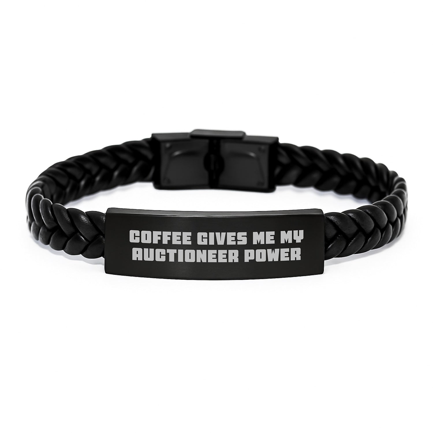 Funny Auctioneer Christmas Unique Gifts from Men to Friends, 'Coffee Gives Me My Auctioneer Power' Leather Bracelet for Auctioneer - Image 1