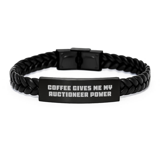 Funny Auctioneer Christmas Unique Gifts from Men to Friends, 'Coffee Gives Me My Auctioneer Power' Leather Bracelet for Auctioneer - Image 1