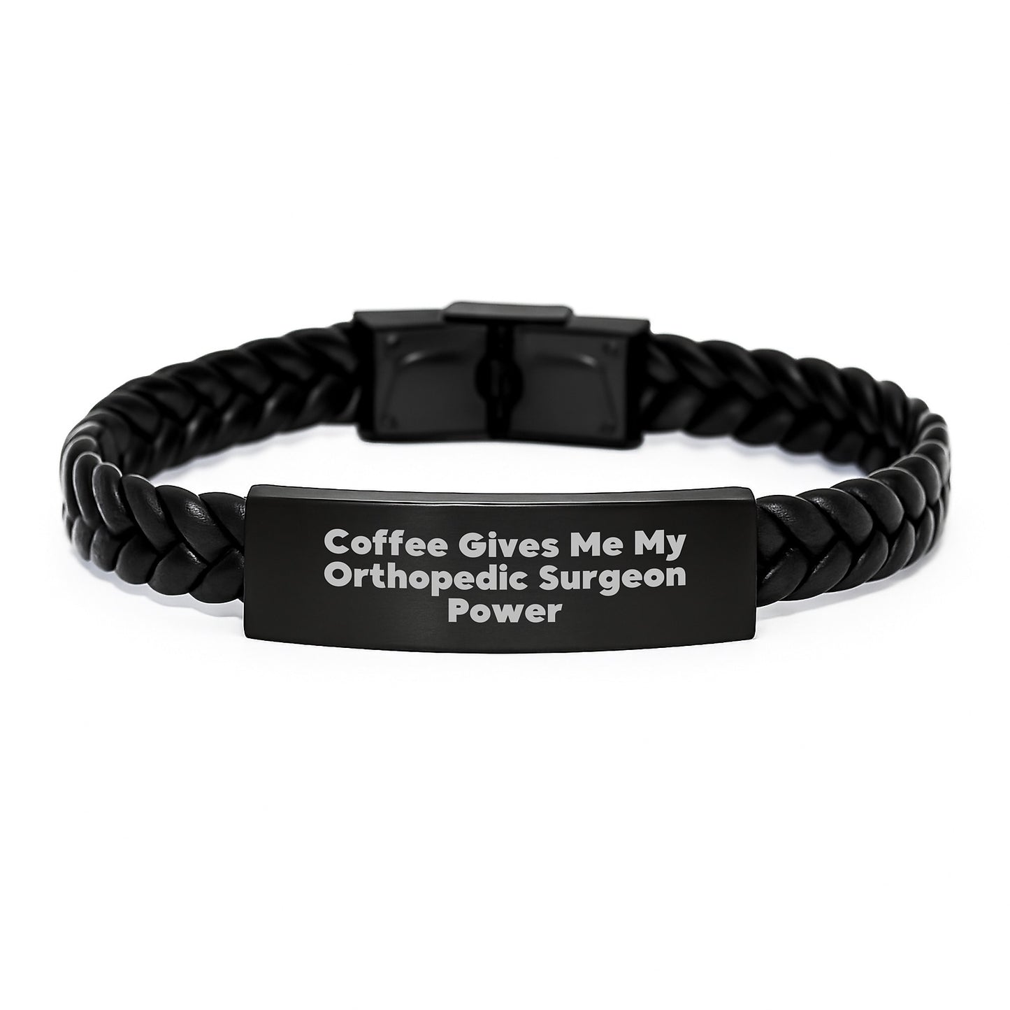 Funny Orthopedic Surgeon Gifts from Friends for Men, Interlaced Leather Bracelet with Quote 'Coffee Gives Me My Orthopedic Surgeon Power', Christmas Unique Presents - Image 1