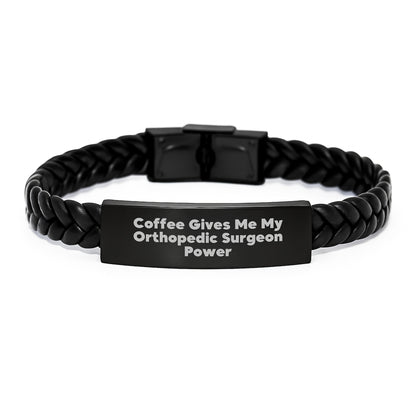 Funny Orthopedic Surgeon Gifts from Friends for Men, Interlaced Leather Bracelet with Quote 'Coffee Gives Me My Orthopedic Surgeon Power', Christmas Unique Presents - Image 1