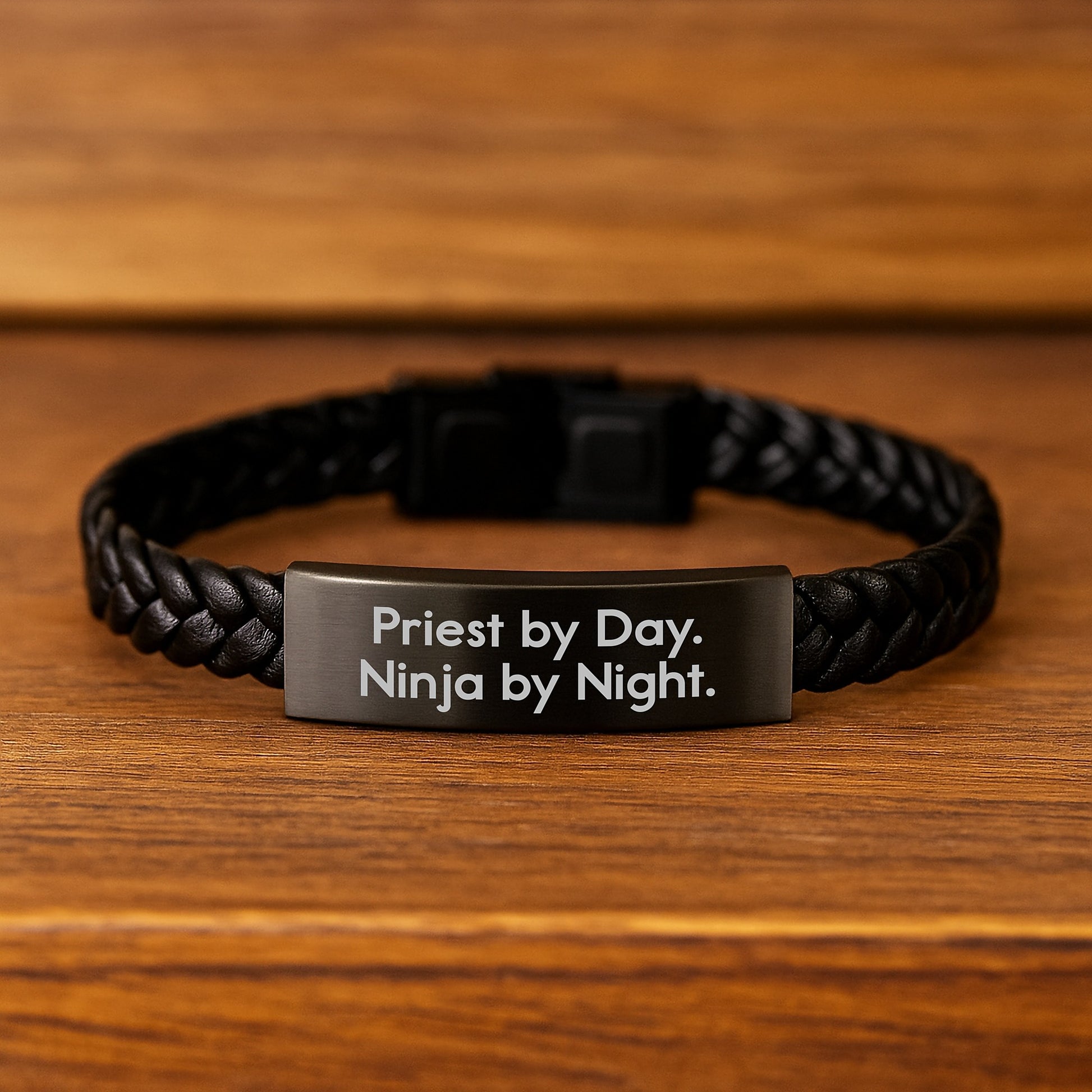 Funny Priest Gifts, Interlaced Leather Bracelet, 'Priest By Day. Ninja By Night.' Quote, Christmas Unique Presents for Men - Image 2