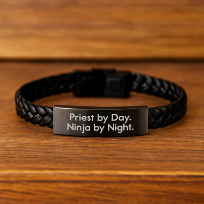 Funny Priest Gifts, Interlaced Leather Bracelet, 'Priest By Day. Ninja By Night.' Quote, Christmas Unique Presents for Men - Image 2