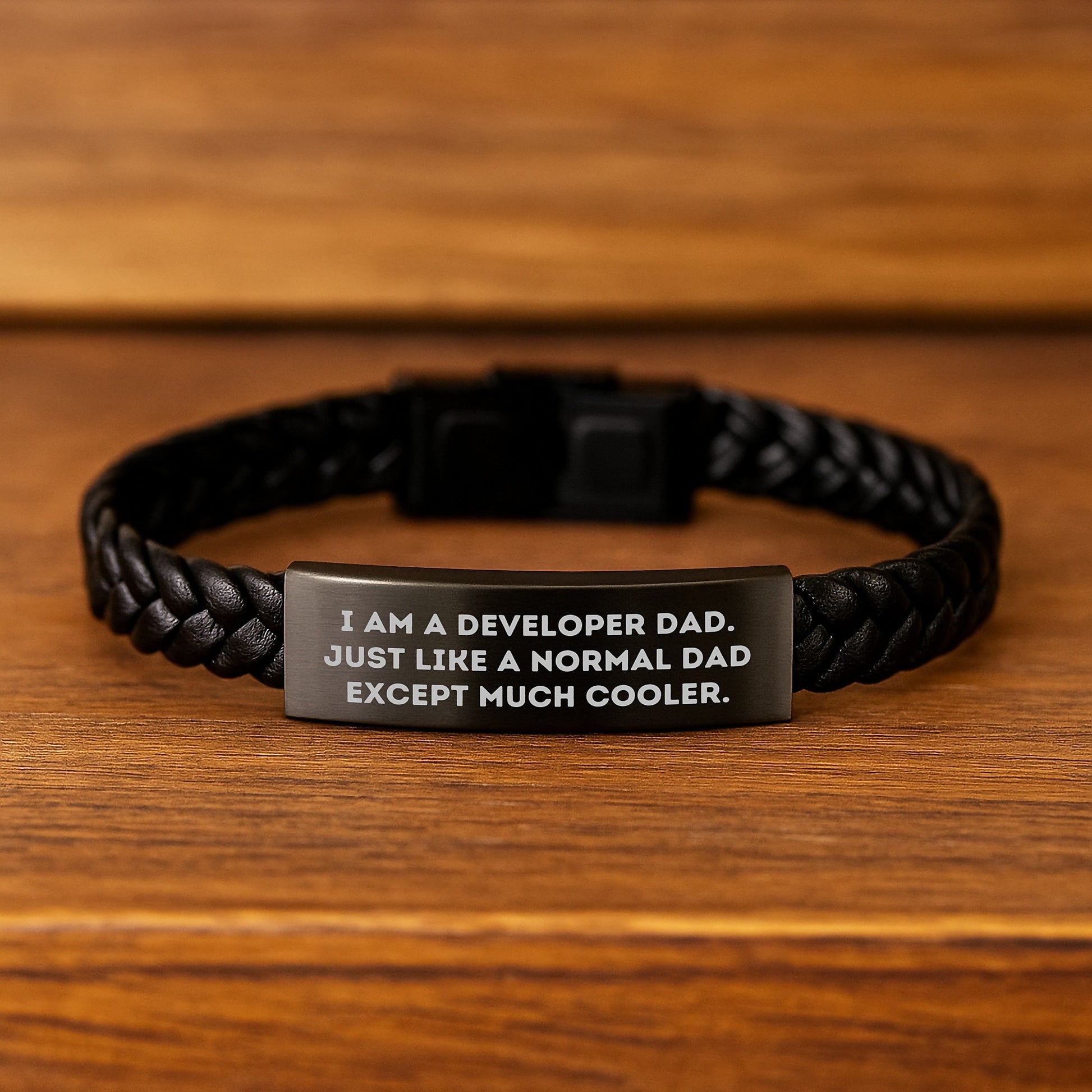 Developer Dad Gifts from Friends, Valentine's Unique Interlaced Leather Bracelets for Men, Funny Quote: 'I Am A Developer Dad. Just Like A Normal Dad Except Much Cooler.' - Image 2