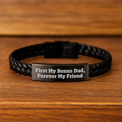 Unique Christmas Unique Gifts from Men to Bonus Dad, 'First My Bonus Dad, Forever My Friend' Interlaced Leather Bracelet for Him - Image 2