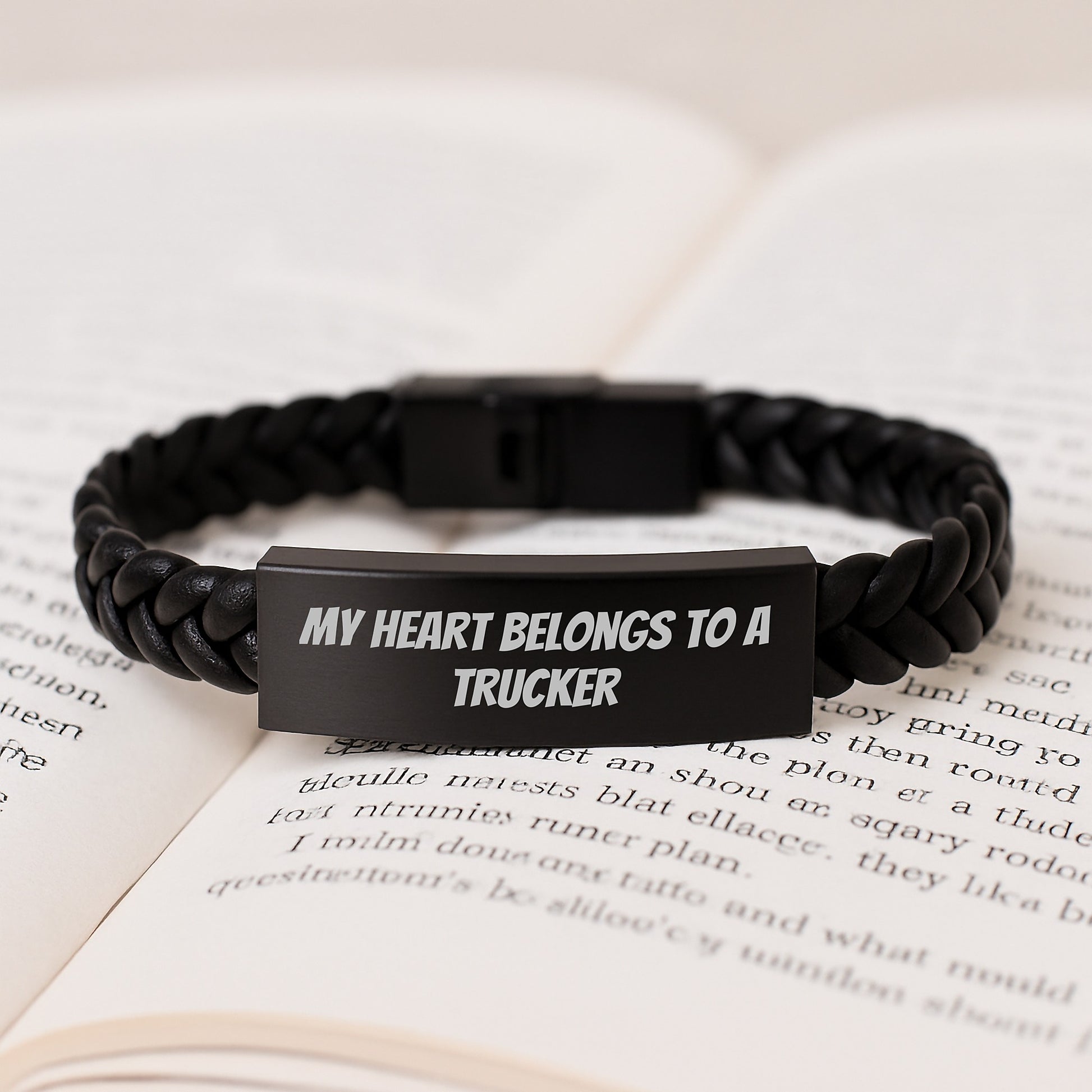 Funny Trucker Gifts from Family - Unique Interlaced Leather Bracelet Quote 'My Heart Belongs To A Trucker' Christmas Unique Ideas for Men - Image 3