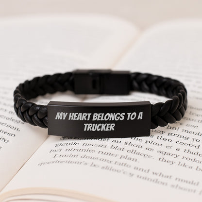 Funny Trucker Gifts from Family - Unique Interlaced Leather Bracelet Quote 'My Heart Belongs To A Trucker' Christmas Unique Ideas for Men - Image 3