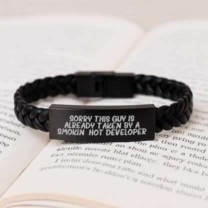 Developer Gifts from Friends for Birthday - 'Sorry This Guy Is Already Taken' Interlaced Leather Bracelet, Durable Stainless Steel & PU Leather Combination, 7.87 inches - Image 3