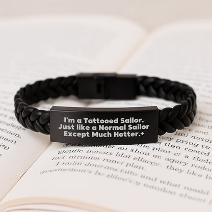 Tattooed Sailor Gifts for Men - Christmas Unique Leather Bracelet for Him, Funny Quote Interlaced Leather Bracelet, Engraved Stainless Steel - Image 3