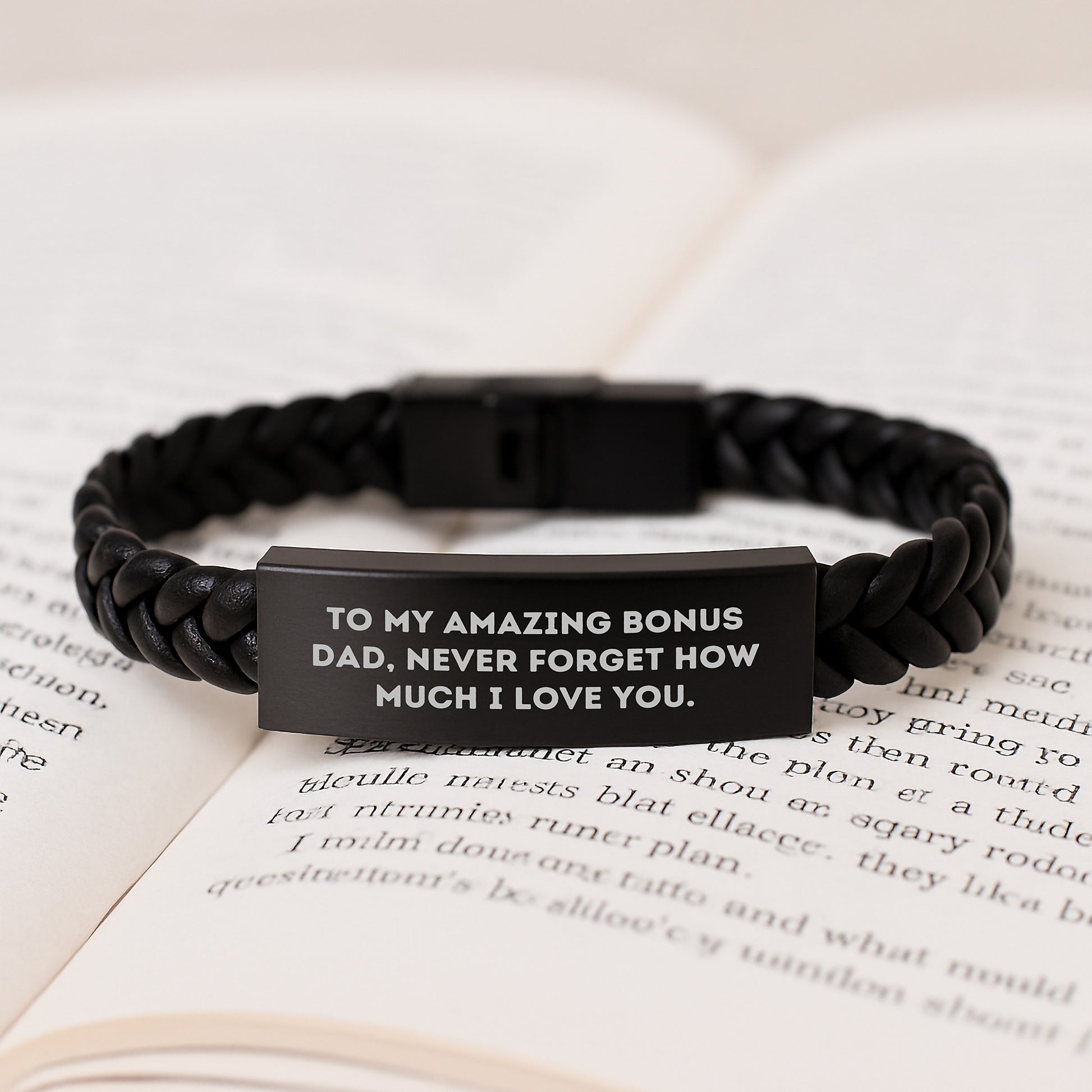 Funny Christmas Unique Gifts for Bonus Dad, Unique Interlaced Leather Bracelet with 'To My Amazing Bonus Dad, Never Forget How Much I Love You., Gifts from Family for Bonus Dad - Image 3