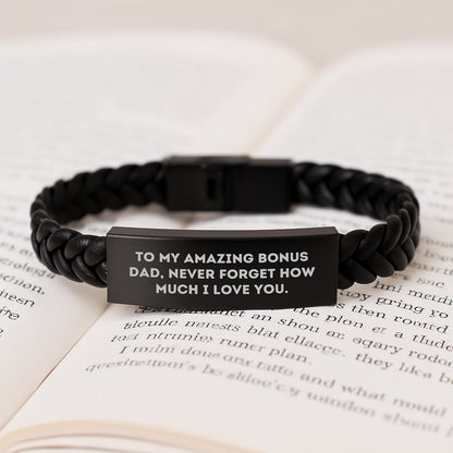 Funny Christmas Unique Gifts for Bonus Dad, Unique Interlaced Leather Bracelet with 'To My Amazing Bonus Dad, Never Forget How Much I Love You., Gifts from Family for Bonus Dad - Image 3