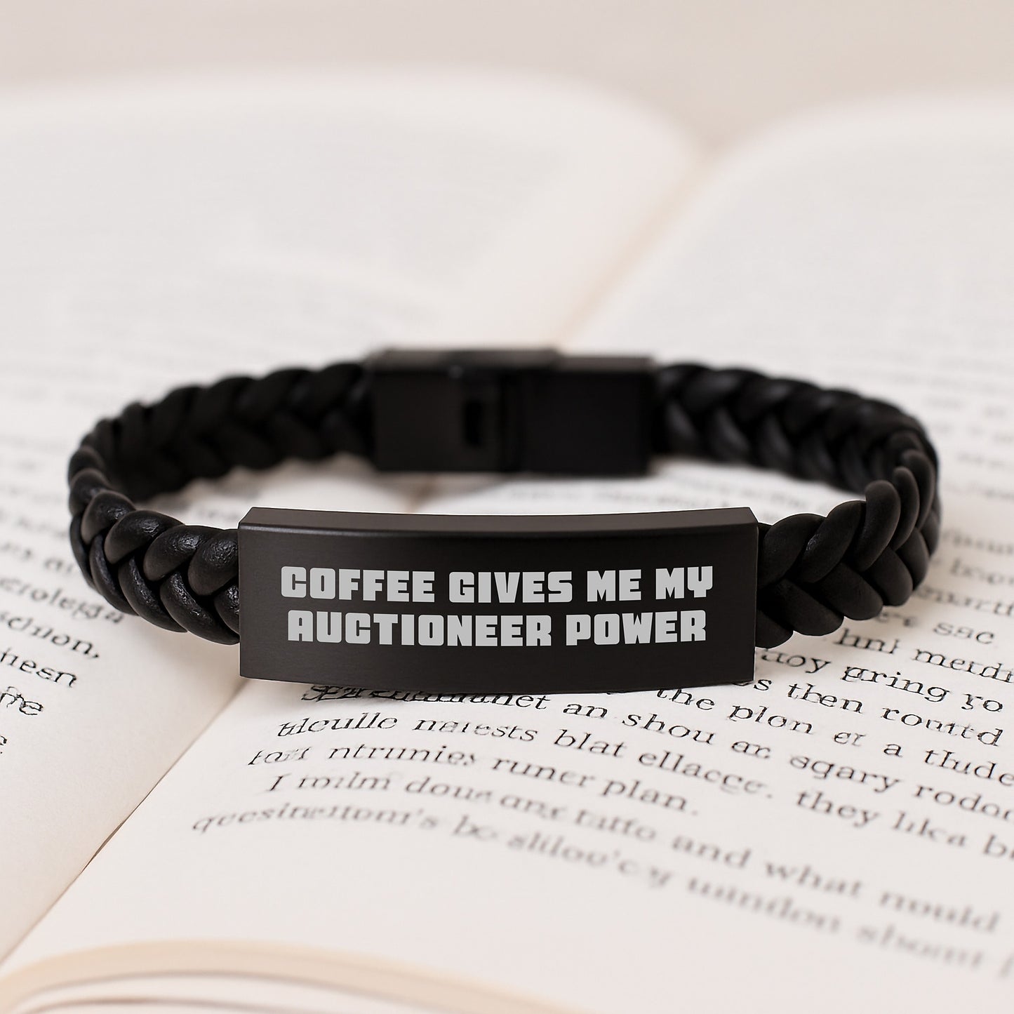Funny Auctioneer Christmas Unique Gifts from Men to Friends, 'Coffee Gives Me My Auctioneer Power' Leather Bracelet for Auctioneer - Image 3