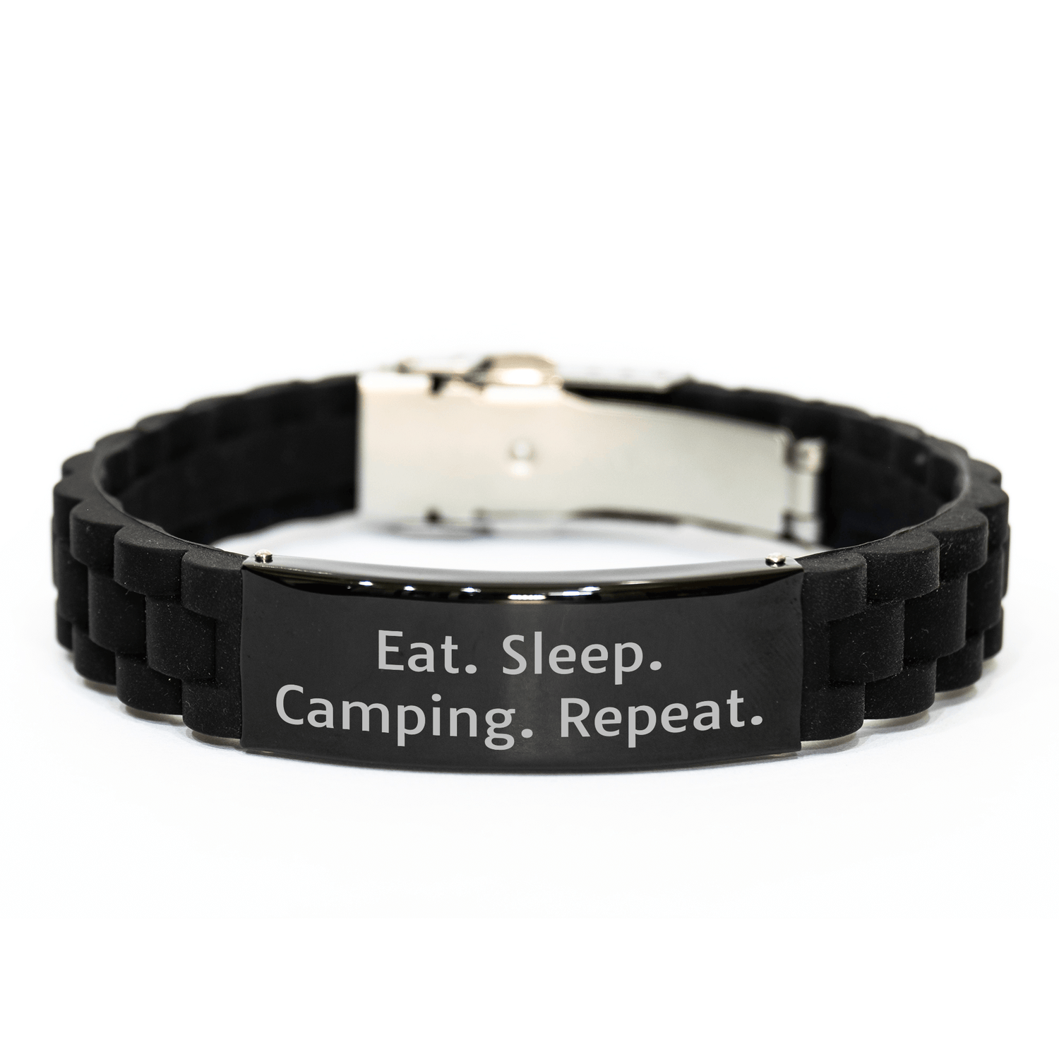 Camping Fun Gifts from Friends for Men Eat. Sleep. Camping. Repeat. Glide lock Clasp Bracelet, Black Stainless Steel, Silicone, Adjustable, Gift for Father's Day - Victory Thru Vision