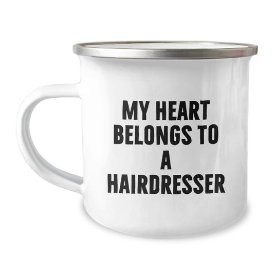 Funny Hairdresser Gifts From Men to Hairdresser Friends on Valentine's Camping Mug - My Heart Belongs To A Hairdresser - Image 1