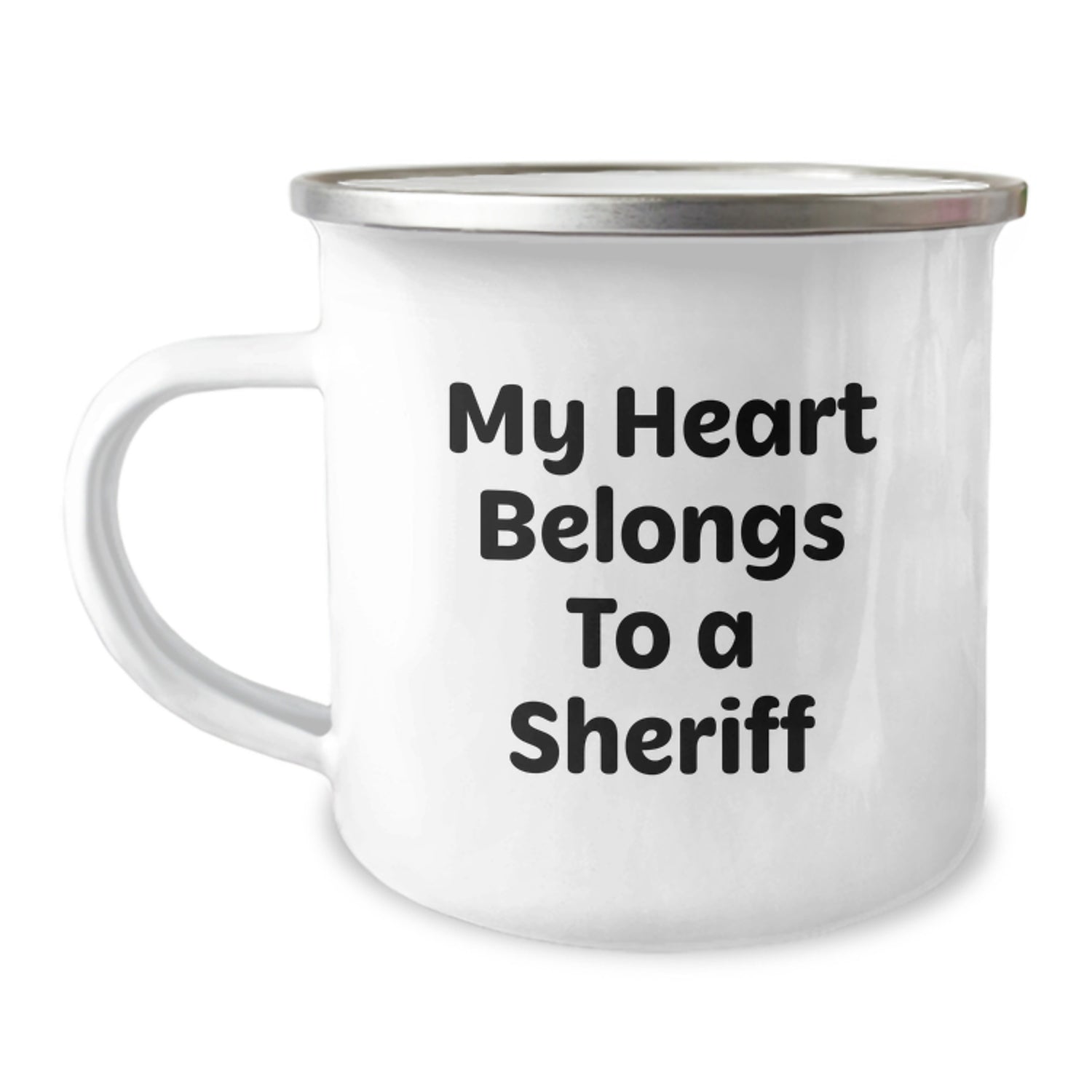 Sheriff Camping Mug, Funny Sheriff Gifts for Men, Valentine's Unique Presents from Friends to Family, 'My Heart Belongs To A Sheriff' Enamel Mug - Image 1