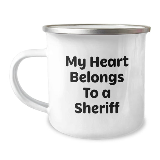 Sheriff Camping Mug, Funny Sheriff Gifts for Men, Valentine's Unique Presents from Friends to Family, 'My Heart Belongs To A Sheriff' Enamel Mug - Image 1