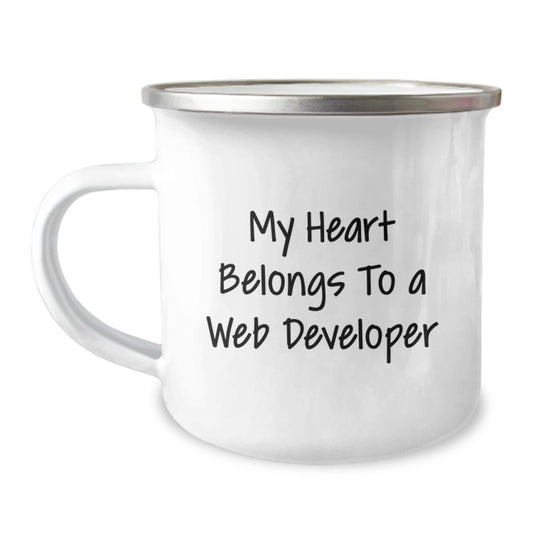 Funny Web Developer Gifts for Him, Christmas Unique Presents from Friends to Web Developer, Funny Camping Mug with 'My Heart Belongs To A Web Developer' Quote - Image 1