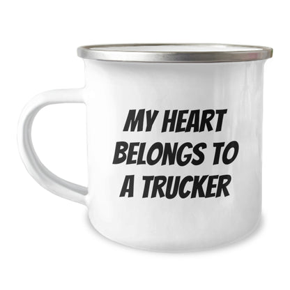Funny Trucker Gifts, Christmas Unique Gifts, Camping Mug for Trucker Lover - 'My Heart Belongs To A Trucker' - Image 1