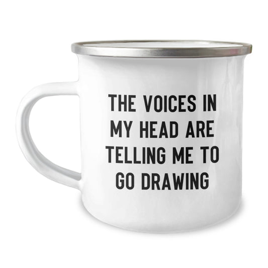 Funny Drawing Gifts for Him - 'The Voices In My Head Are Telling Me To Go Drawing' Christmas Unique Mugs from Sweetheart - 12 oz Stainless Steel with Enamel Finish - Image 1