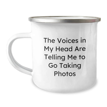 Funny Taking Photos Gifts for Men from Friends Who Love the Voices In My Head Are Telling Me To Go Taking Photos, Enamel Camping Mug for Christmas Unique Gifts - Image 1