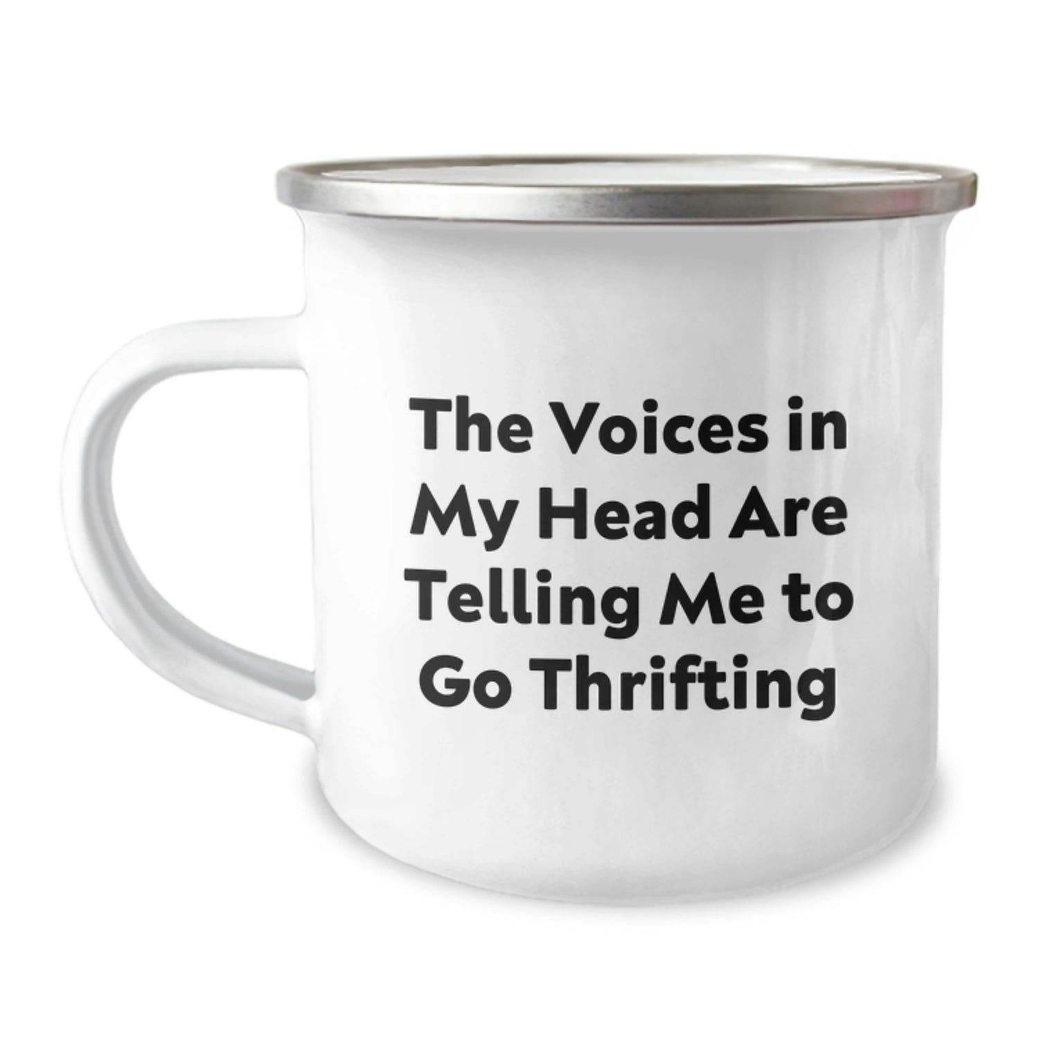 Funny Thrifting Gifts for Friends, Unique Camping Mug with Quirky Quote 'The Voices In My Head Are Telling Me To Go Thrifting', Birthday Unique Gifts from Men to Women - Image 1
