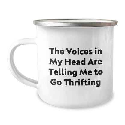 Funny Thrifting Gifts for Friends, Unique Camping Mug with Quirky Quote 'The Voices In My Head Are Telling Me To Go Thrifting', Birthday Unique Gifts from Men to Women - Image 1