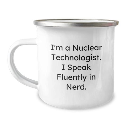 Funny Nuclear Technologist Gifts from Family for Christmas Unique Camping Mug - 'I Speak Fluently In genius' Stainless Steel Enamel Mug - Image 1