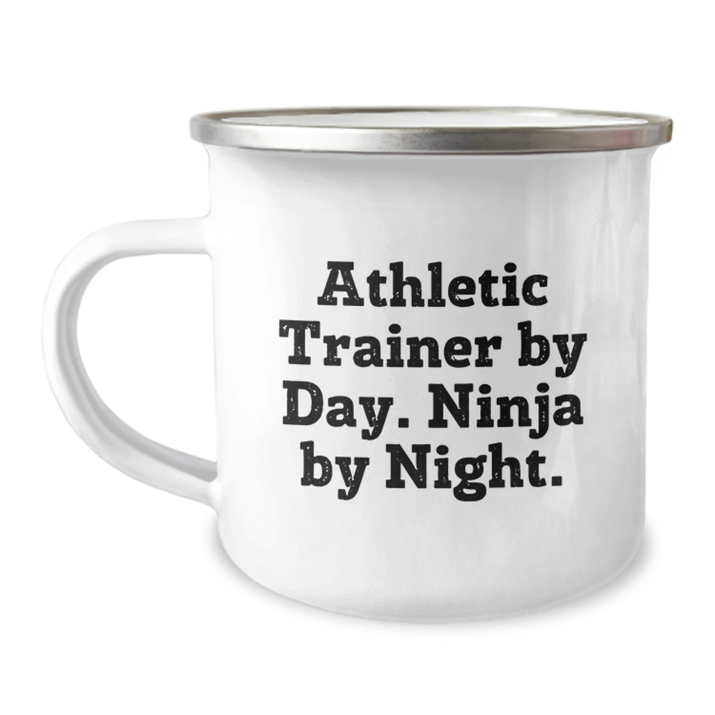Funny Athletic Trainer Gifts for Men - 'Athletic Trainer By Day. Ninja By Night.' Enamel Camping Mug Christmas Unique Presents from Friends for Family - Image 1
