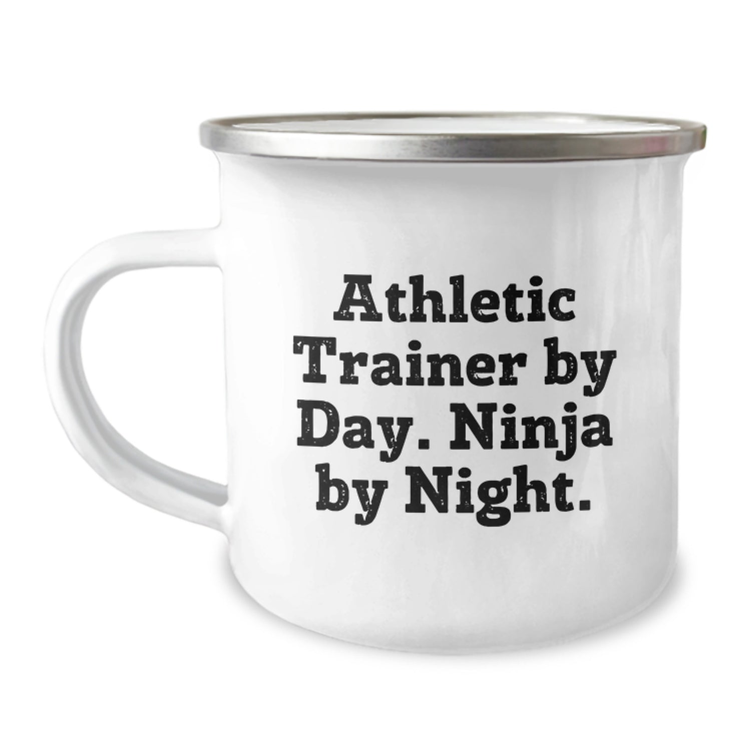 Funny Athletic Trainer Gifts for Men - 'Athletic Trainer By Day. Ninja By Night.' Enamel Camping Mug Christmas Unique Presents from Friends for Family - Image 1