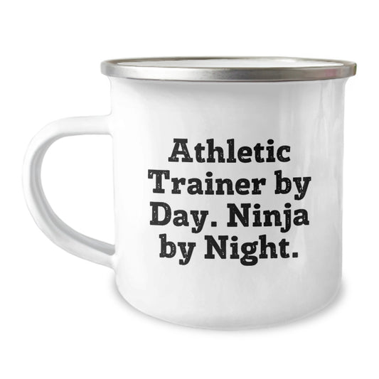 Funny Athletic Trainer Gifts for Men - 'Athletic Trainer By Day. Ninja By Night.' Enamel Camping Mug Christmas Unique Presents from Friends for Family - Image 1